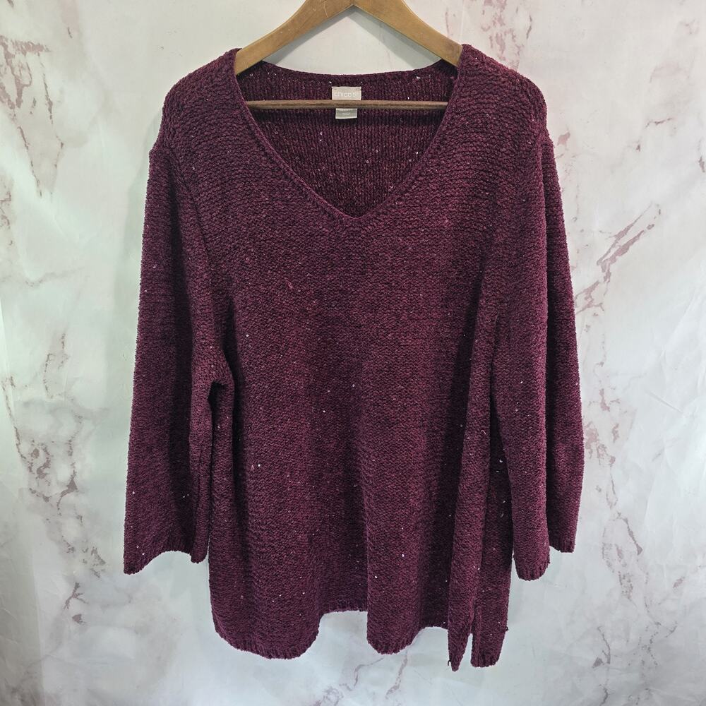 Chicos Sweater Womens XXL 4 Red Sequin Chenille Maroon V Neck Chunky